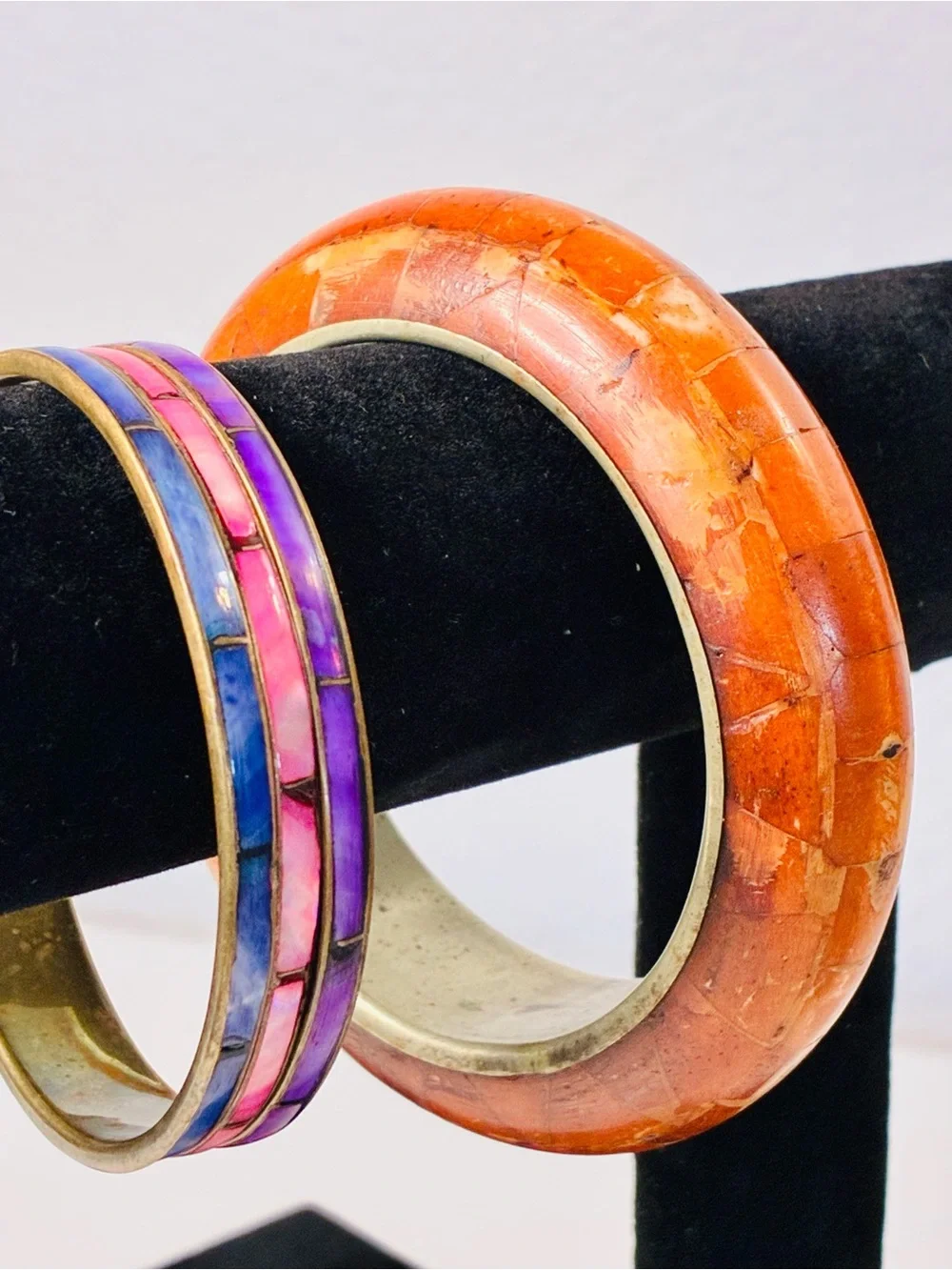 Bold Orange Mosaic Inlay Bangle Bracelet Dyed Mother Of Pearl Blue Pink & Purple